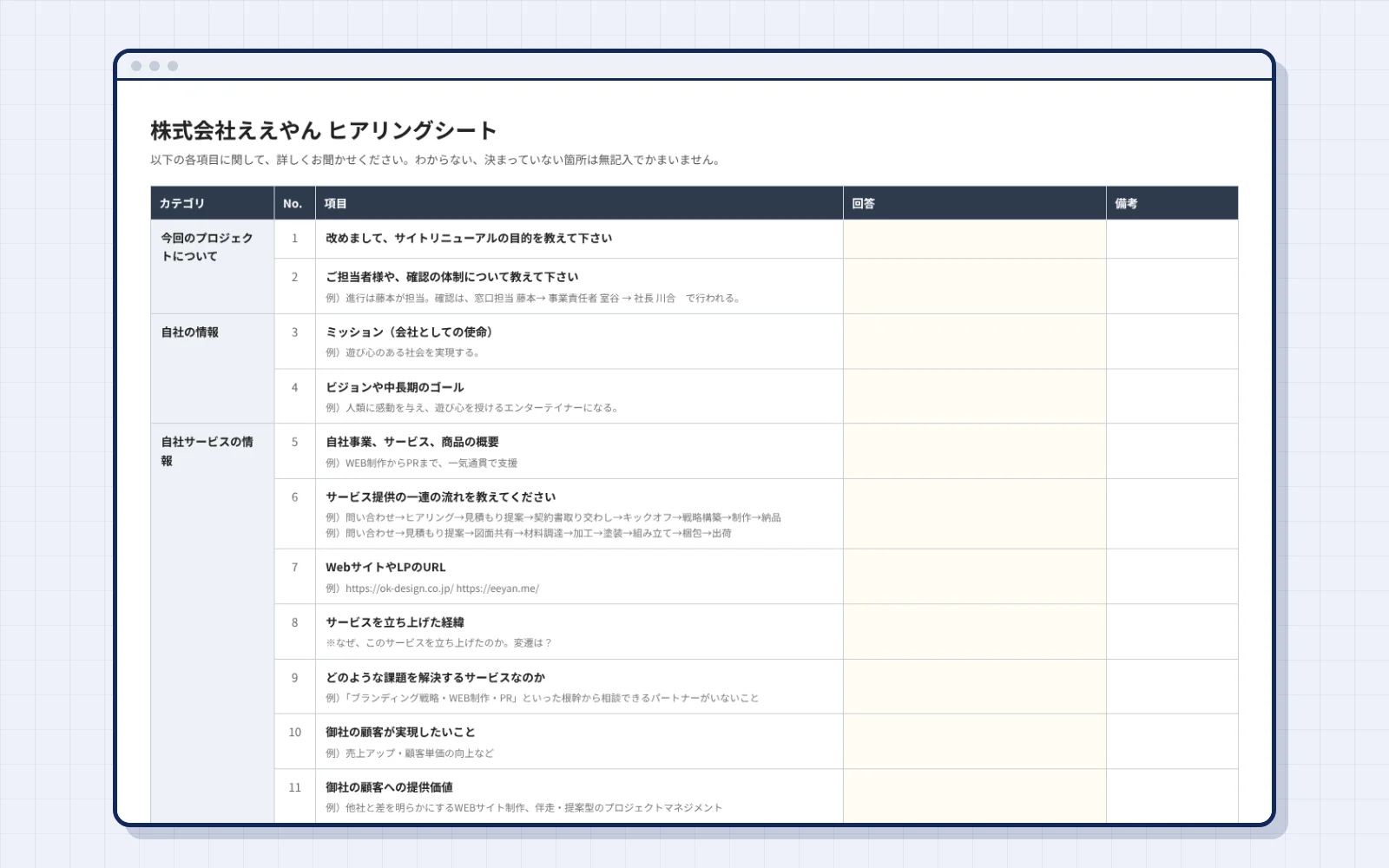 株式会社ええやんのヒアリングシート。今回のプロジェクト、自社の情報、自社サービスの情報などの項目が並ぶ