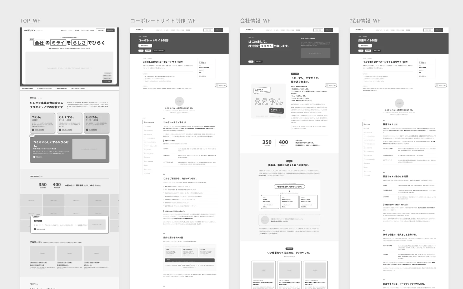 トップ、コーポレートサイト制作、会社情報、採用情報のワイヤーフレームを4つ並べた画面