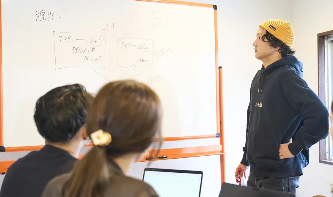 Our team mapping a sitemap on a whiteboard