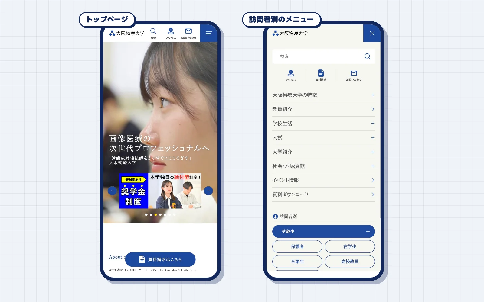 大阪物療大学のサイトのスマートフォン表示。トップページと訪問者別のメニュー