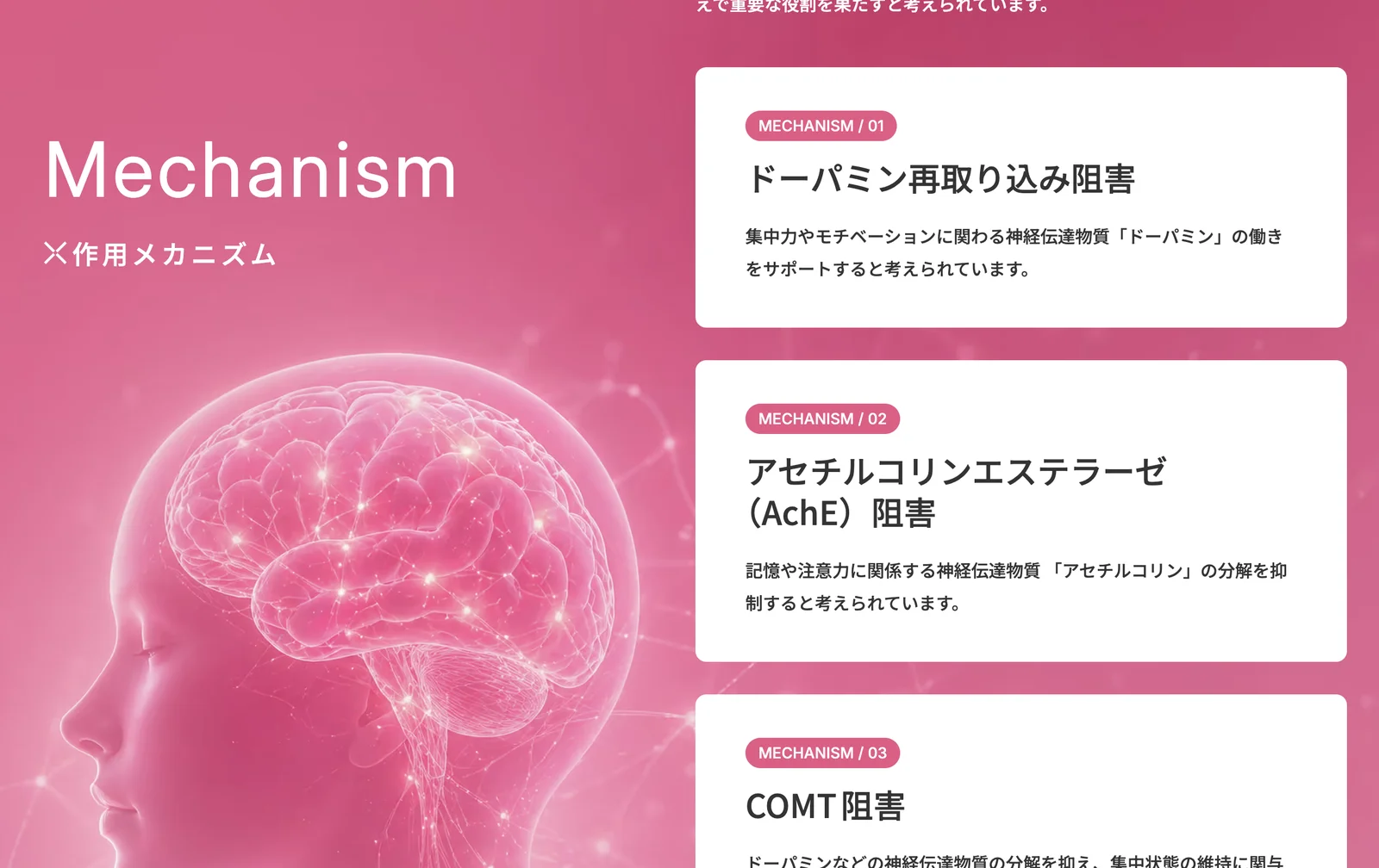 作用のしくみを3枚のカードで紹介したセクション。