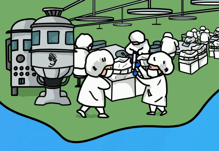 工場で原料の改良に取り組むスタッフのイラスト。