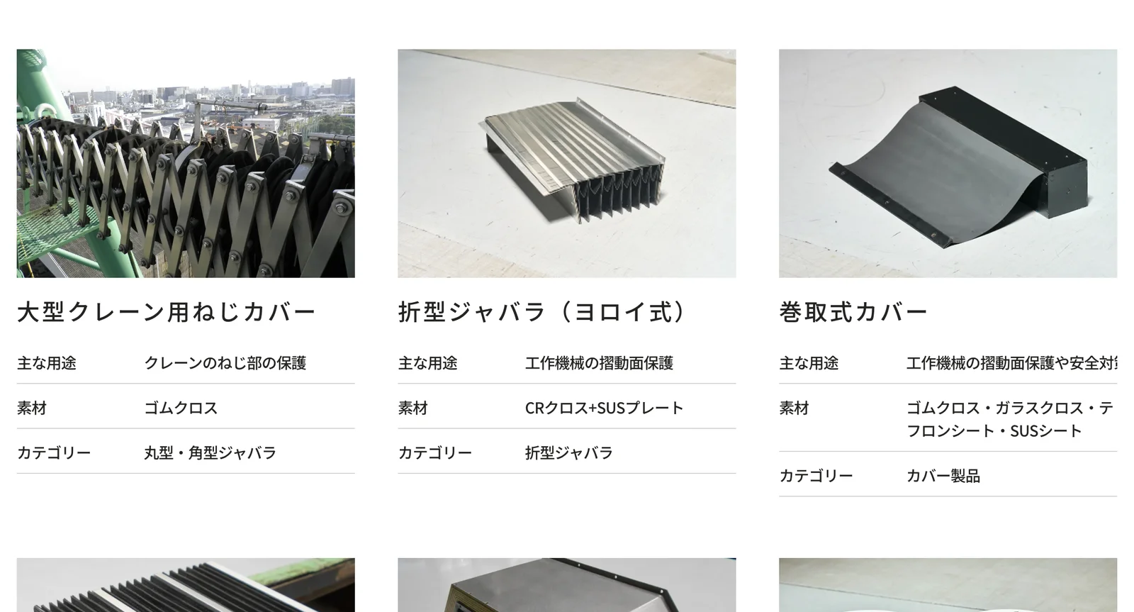 製品ごとに用途と素材をまとめた一覧。