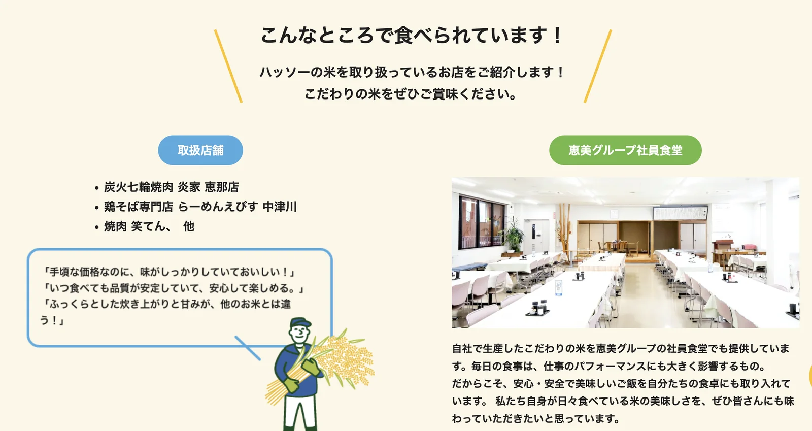 お米を扱うお店と社員食堂を紹介したセクション。