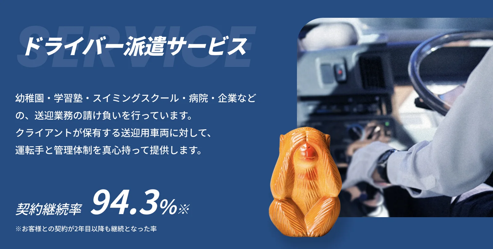 ドライバー派遣サービスの紹介。どこへの送迎を、どんな体制で請け負うかを最初に伝えている。